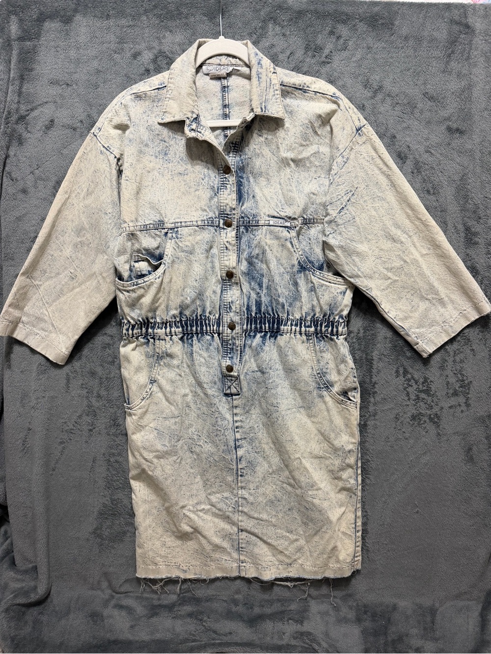 Vintage AcidWashed Denim Button-Front 3/4 Sleeve Dress with Elastic Waist